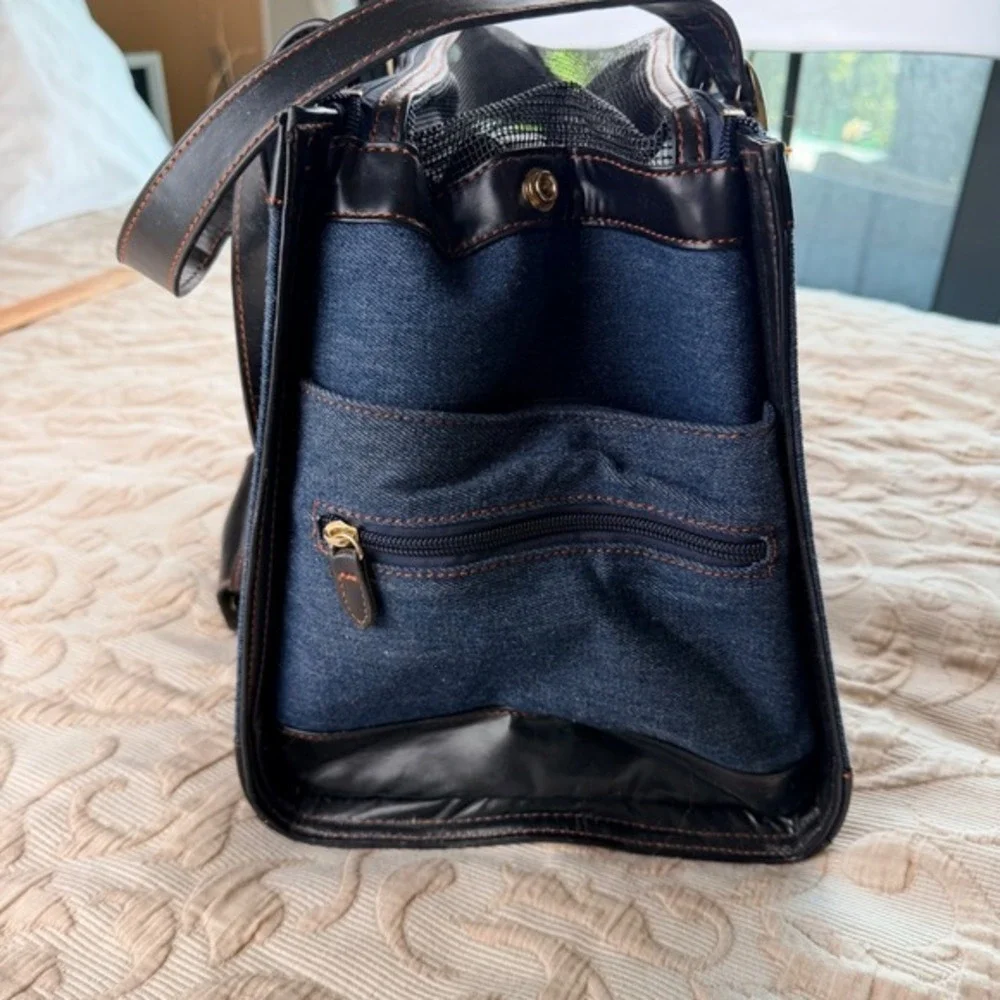 A Pet with Paws Denim Pet Carrier Bag Blue Black Small Dog Cat Tote Travel Case
